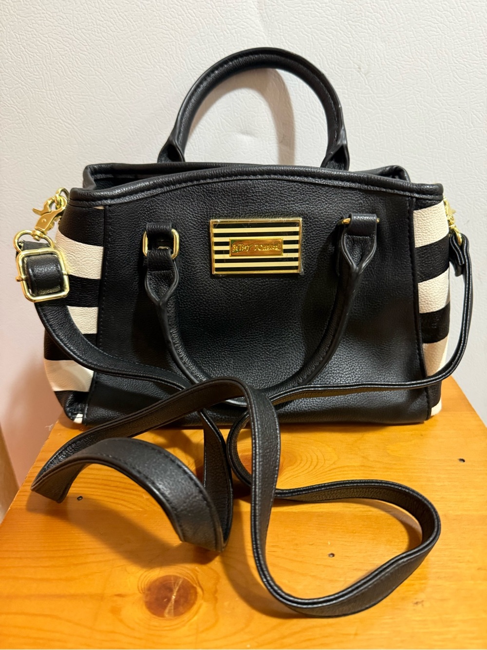 Betsey Johnson nwot black and White Striped Satchel still has plastic